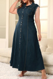 Blue Casual Solid Patchwork Pocket Buckle Turndown Collar Denim Plus Size Dresses