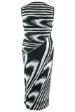 Schwarzes, lässig bedrucktes Patchwork-O-Ausschnitt-Wickelrock-Kleid in Übergröße