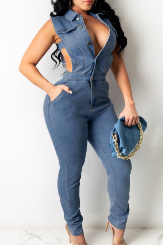 Baby Blue Sexy Casual Solid Hollowed Out Turndown Collar Regular Jumpsuits