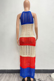 Blauwe casual kleurenblok uitgeholde patchwork lange jurken met split en O-hals