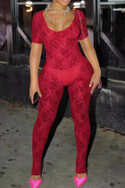 Rode sexy effen kanten uitgeholde patchwork doorzichtige skinny jumpsuits met U-hals