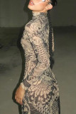 Svarta sexiga tryckta patchwork klänningar med turtleneck
