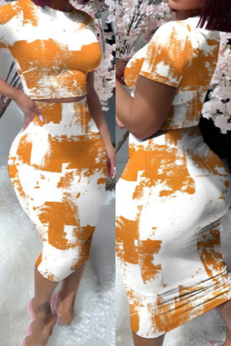 Orange blanc décontracté imprimé patchwork col rond manches courtes deux pièces