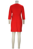 Vestido vermelho elegante sólido patchwork plissado com decote em V e linha A