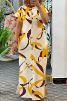 Gele zoete print patchwork gesp vest kraag bedrukte jurken
