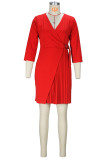 Vestido vermelho elegante sólido patchwork plissado com decote em V e linha A