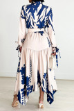 Blå Elegant Print Patchwork med bälte turndown krage oregelbundna klänningar