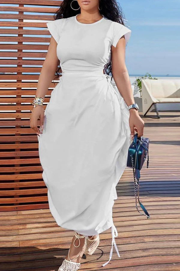 Белые уличные однотонные ажурные лоскутные платья с завязками и круглым вырезом-бутонами