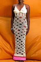 Abrikoos sexy gescheurde patchwork rugloze contrasterende spaghettibandjes-sling-jurken