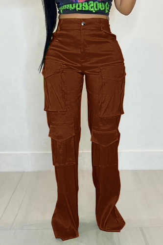 Braune Street Solid Patchwork-Taschenknöpfe mit Reißverschluss, lockere, einfarbige Hose mit hoher Taille und weitem Bein