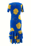 Robes sirène trompette bleues élégantes en patchwork floral à col rond