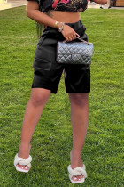 Schwarze Street Solid Patchwork-Taschenknöpfe mit Reißverschluss, gerade, gerade, einfarbige Hose mit hoher Taille