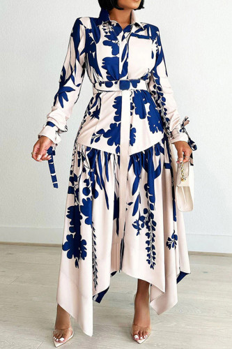 Blå Elegant Print Patchwork med bälte turndown krage oregelbundna klänningar