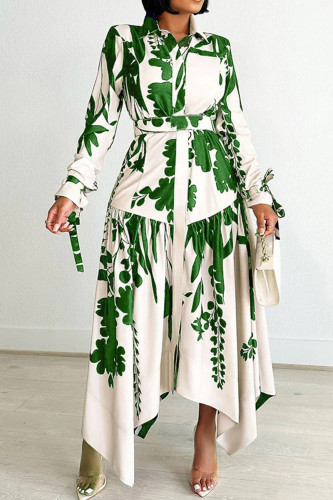 Grön Elegant Print Patchwork med bälte turndown krage oregelbundna klänningar