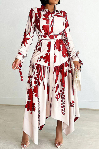 Rode elegante print patchwork met riem kraag onregelmatige jurken