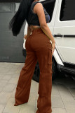 Botones de bolsillo de parches lisos con cremallera pantalones sueltos de cintura alta pierna ancha color sólido marrón calle