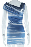 ネイビーブルーストリートプリントパッチワークバックレス非対称襟ラップスカートドレス