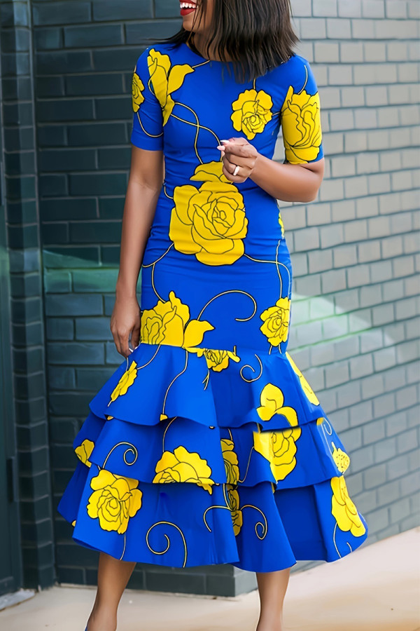 ブルーのエレガントな花柄パッチワーク O ネック トランペット マーメイド ドレス
