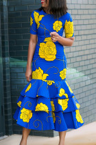 Синие элегантные платья-русалка с цветочным принтом в стиле пэчворк и круглым вырезом