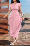 Розовые уличные однотонные ажурные лоскутные платья с завязками и круглым вырезом-бутонами