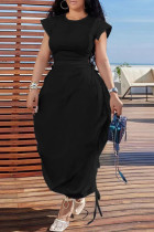 Черные уличные однотонные ажурные лоскутные платья с завязками и круглым вырезом-бутонами