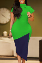 Grön Elegant Patchwork Kontrast turtleneck omslagna kjolklänningar