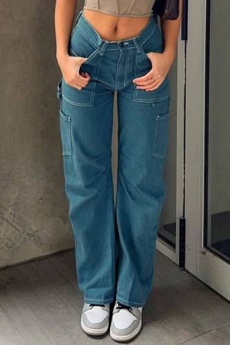 Зеленые сексуальные однотонные лоскутные карманные пуговицы на молнии со средней талией, прямые джинсовые джинсы