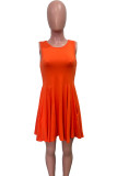 Orange-rotes, süßes, einfarbiges Patchwork-Kleid mit Taschenfalte und O-Ausschnitt in A-Linie