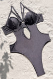 Grey Sportswear Solid Hollowed Out Patchwork Swimwears(With Paddings)