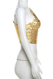 Goldene sexy Pailletten-Patchwork-Oberteile mit schrägem Kragen