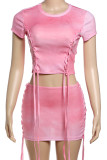 Pink Sweet Solid Patchwork Cross Straps O Neck Short Sleeve Two Pieces