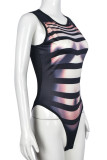 Bodysuits skinny multicoloridos com estampa sexy patchwork com decote em O
