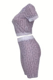 Purple Sexy Geometric Print Patchwork O Neck Short Sleeve Two Pieces Crop Tops And Shorts Set