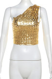 Gold Sexy Sequins Patchwork Oblique Collar Tops