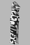 Schwarz-weiße, elegante Patchwork-Kleider mit hohem Öffnungsdruck und schrägem Kragen und bedruckten Plus-Size-Kleidern