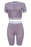 Dark Brown Sexy Geometric Print Patchwork O Neck Short Sleeve Two Pieces Crop Tops And Shorts Set