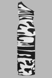 Zwart-wit elegante print patchwork hoge opening schuine kraag bedrukt grote maten jurken