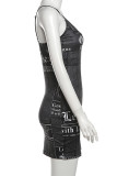 Schwarze, sexy, bedruckte, rückenfreie Spaghettiträger-Sling-Kleider mit Patchwork-Print