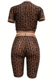 Dark Brown Sexy Geometric Print Patchwork O Neck Short Sleeve Two Pieces Crop Tops And Shorts Set