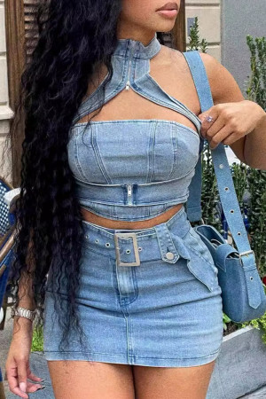 Blue Casual Solid Hollowed Out Patchwork Buttons Zipper O Neck Sleeveless Two Pieces