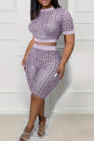 Purple Sexy Geometric Print Patchwork O Neck Short Sleeve Two Pieces Crop Tops And Shorts Set