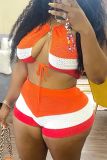 Tangerine Red Street Color Block Bandage Patchwork O Neck Sleeveless Two Pieces Colorblock Lace Up Halter Tanks Shorts Sets