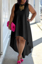 Schwarzes, lässiges, einfarbiges, asymmetrisches, ärmelloses Kleid mit O-Ausschnitt und Kleider in Übergröße