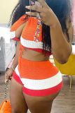 Tangerine Red Street Color Block Bandage Patchwork O Neck Sleeveless Two Pieces Colorblock Lace Up Halter Tanks Shorts Sets