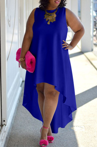 Синее повседневное однотонное асимметричное платье без рукавов с круглым вырезом Платья больших размеров