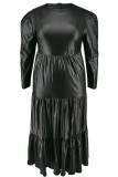 ブラック ヴィンテージ ソリッド パッチワーク フォールド ジッパー O ネック ケーキ スカート プラス サイズ ドレス
