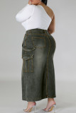 Svart Grå Casual Street Solid Make Old Patchwork Pocket Buttons Zipper Plus Size Jeans