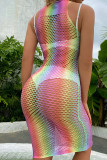 Cor do arco-íris sexy mudança gradual escavada patchwork lingerie transparente