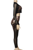 Brown Sexy Patchwork See-through O Neck Long Sleeve Two Pieces