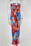 Blue Red Sexy Print Patchwork Fold Strapless Pencil Skirt Dresses